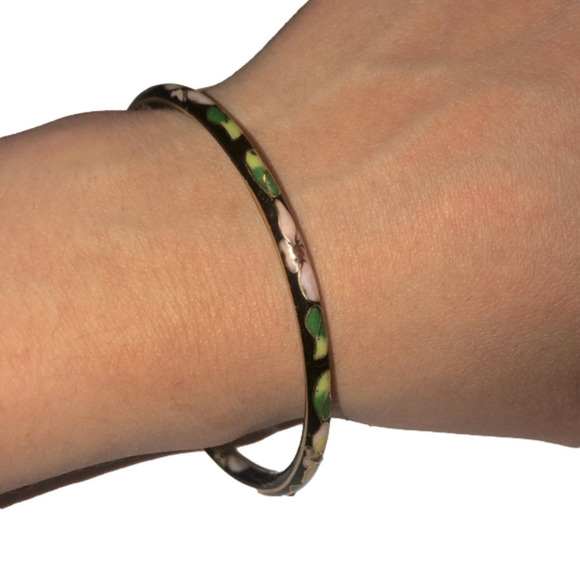 Vintage Jewelry - VTG Chinese Cloisonné Enamel Floral Pink Flower Green Leaves Black Bangle 8”